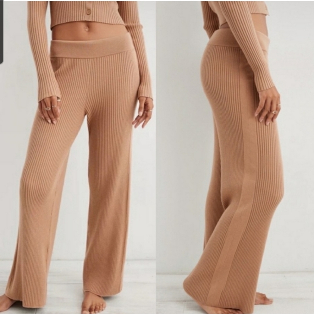 NWT Aerie Gotta Jet! High Waisted Wide Leg Ribbed Skater Lounge Pant Tan Large